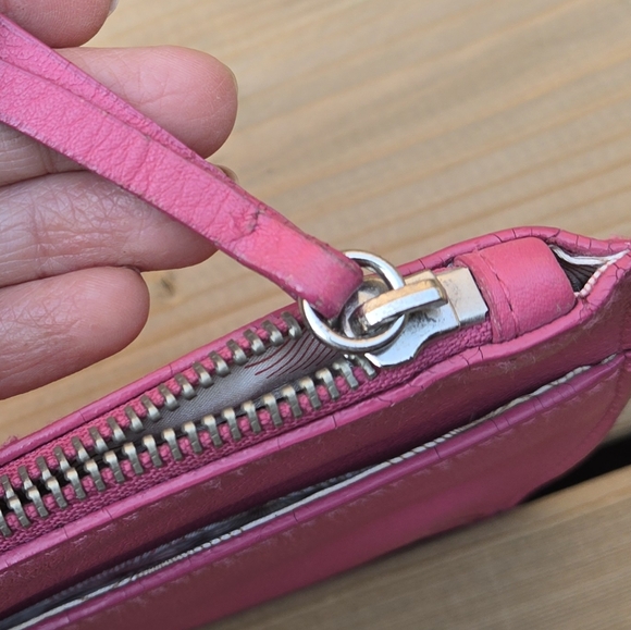 Pink Leather Wristlet w Unique Ring Strap, Front Pocket + Zipper Top - Picture 6 of 12